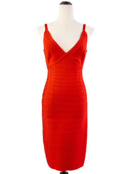 Excellent Herve Leger Red Bodycon Dress Size S Thin Strap V-Neck