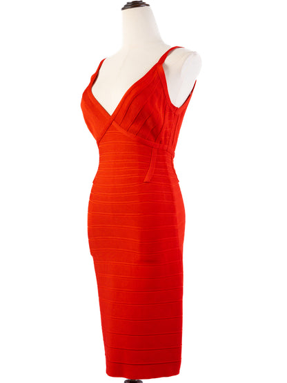 Excellent Herve Leger Red Bodycon Dress Size S Thin Strap V-Neck
