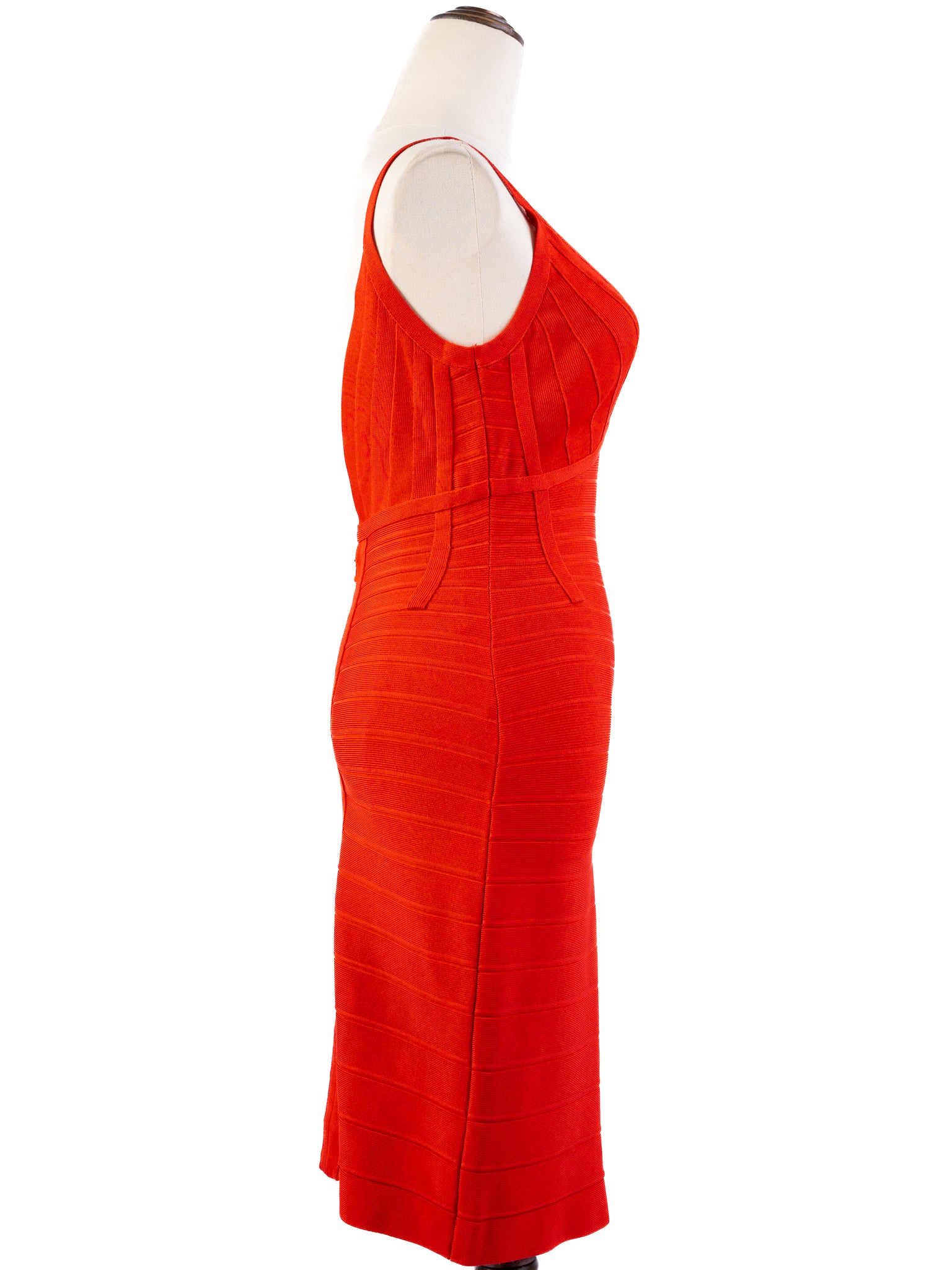 Excellent Herve Leger Red Bodycon Dress Size S Thin Strap V-Neck