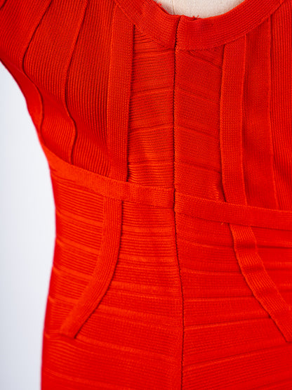 Excellent Herve Leger Red Bodycon Dress Size S Thin Strap V-Neck