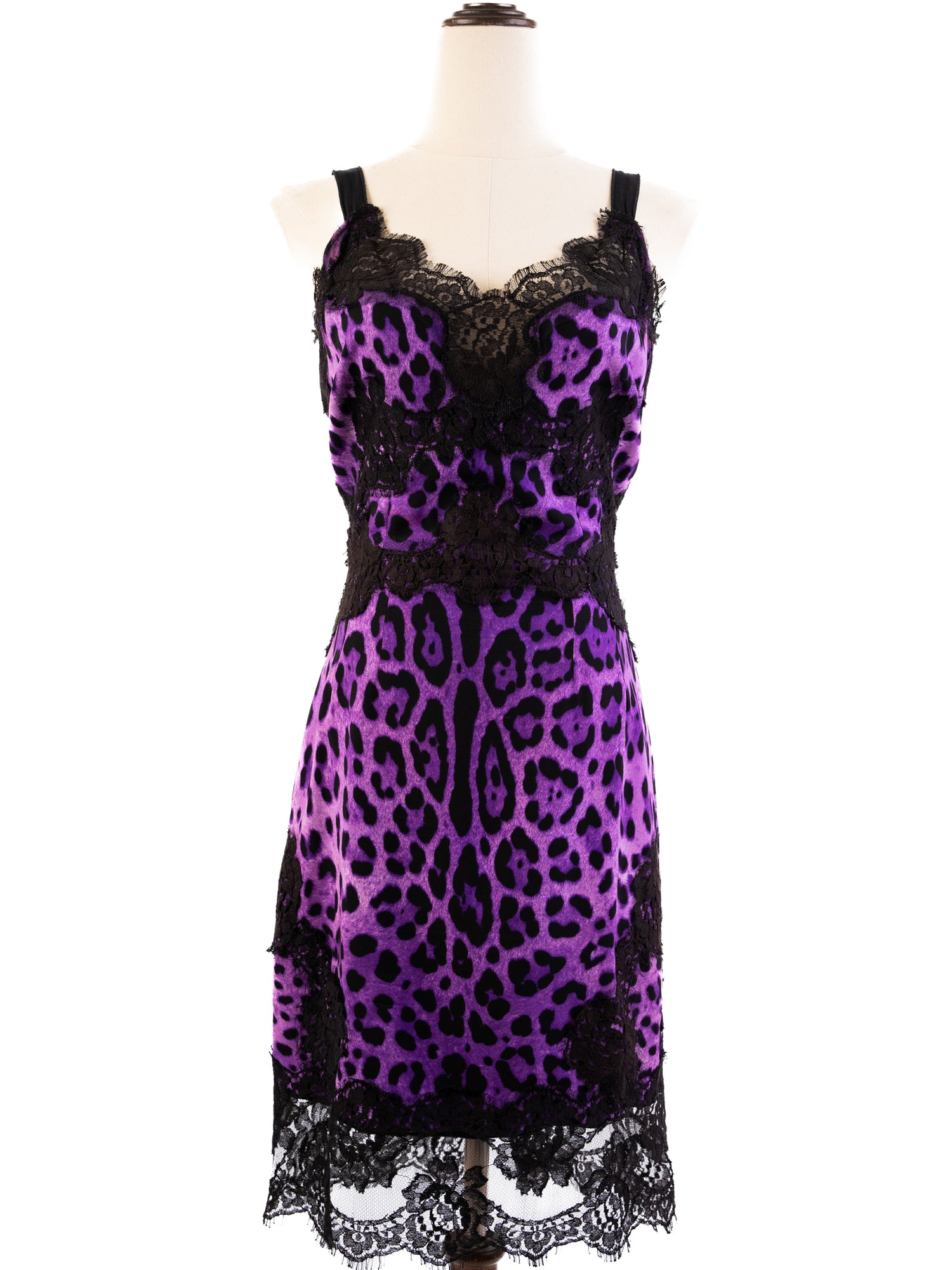 Excellent Dolce Gabbana Purple Black Leopard Print Dress with Lace Details