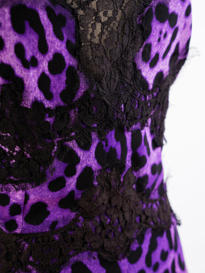 Excellent Dolce Gabbana Purple Black Leopard Print Dress with Lace Details