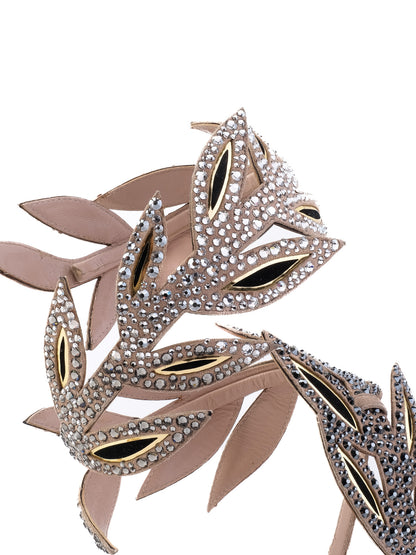 Sergio Rossi White Leather High-Heeled Sandals with Rhinestones