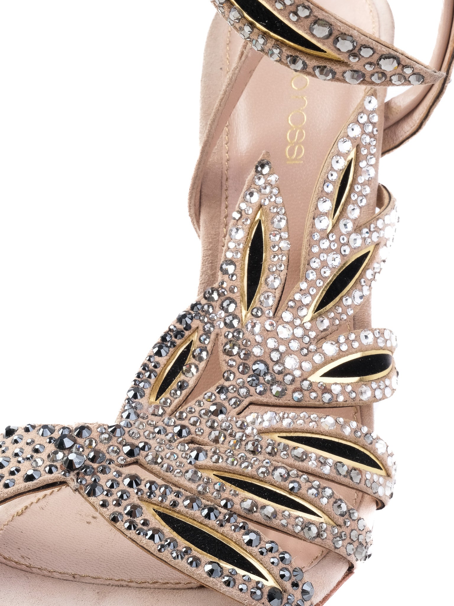 Sergio Rossi White Leather High-Heeled Sandals with Rhinestones