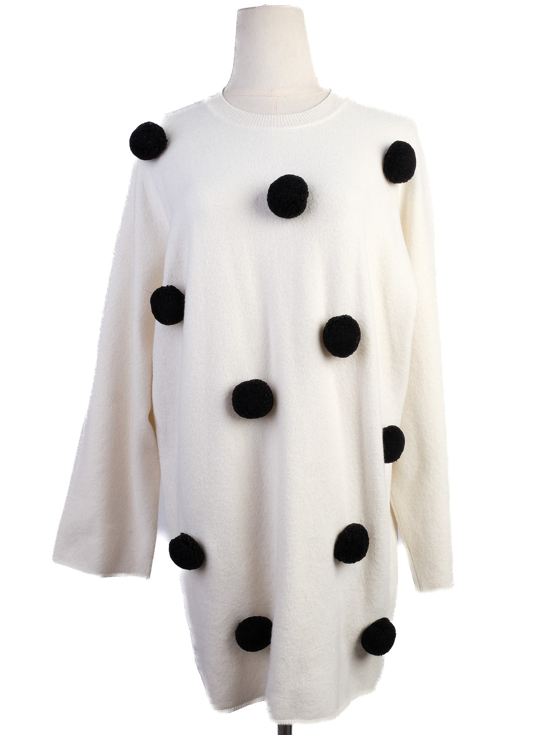 Excellent Sportmax White Wool Sweater Size S with Black Pom-Poms