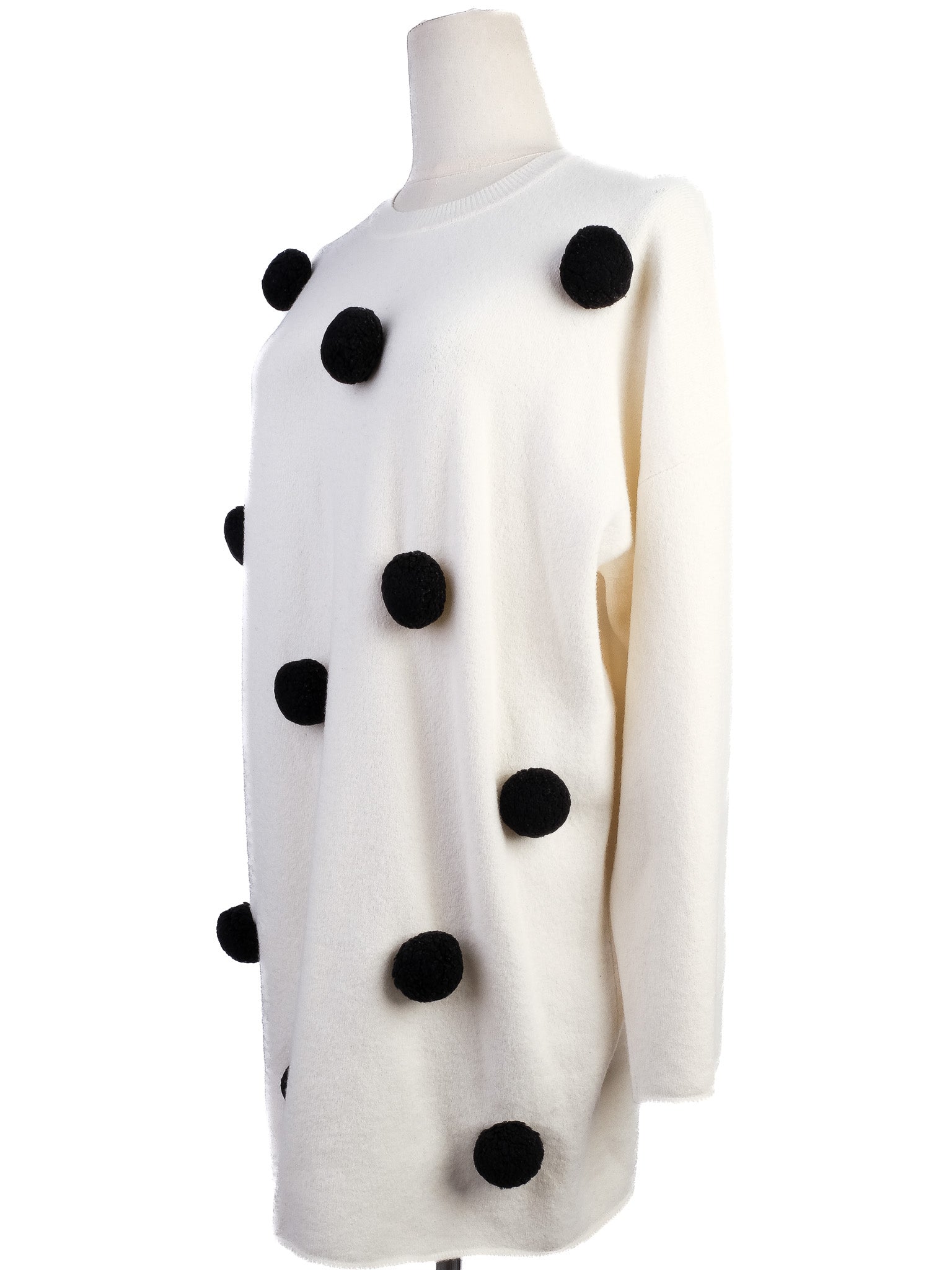 Excellent Sportmax White Wool Sweater Size S with Black Pom-Poms