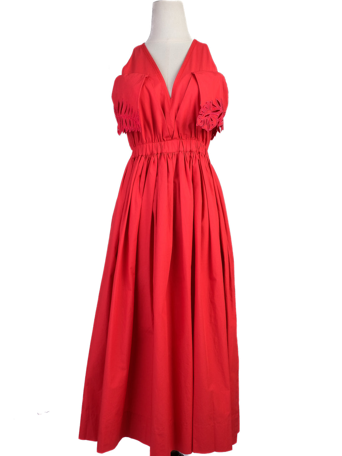 Excellent Fendi Red Cotton Deep V-Neck Gathered Dress for Women
