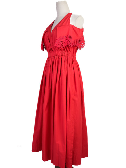 Excellent Fendi Red Cotton Deep V-Neck Gathered Dress for Women