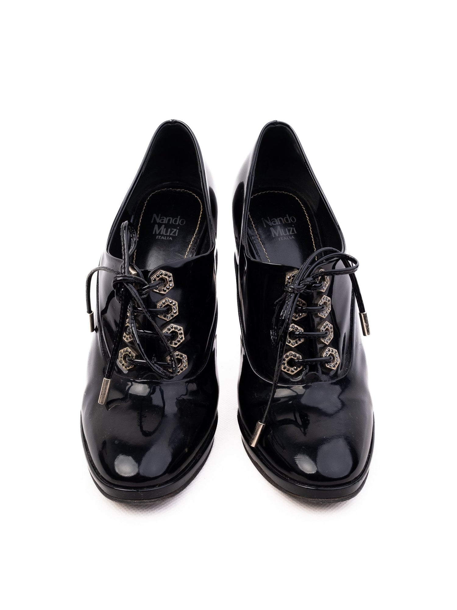 Excellent Nando Muzi Black High-Heeled Shoe Size 38 Lacquer Finish