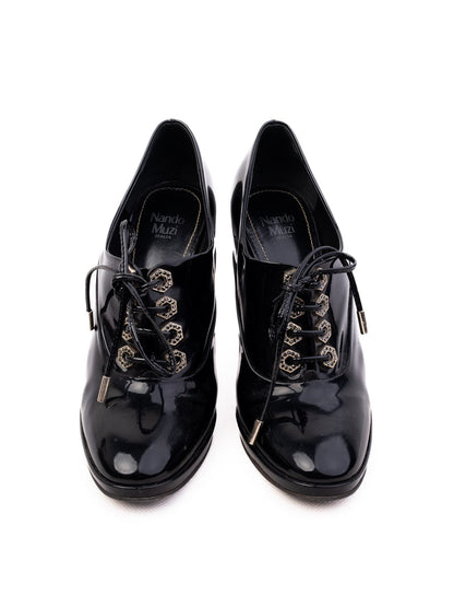 Excellent Nando Muzi Black High-Heeled Shoe Size 38 Lacquer Finish