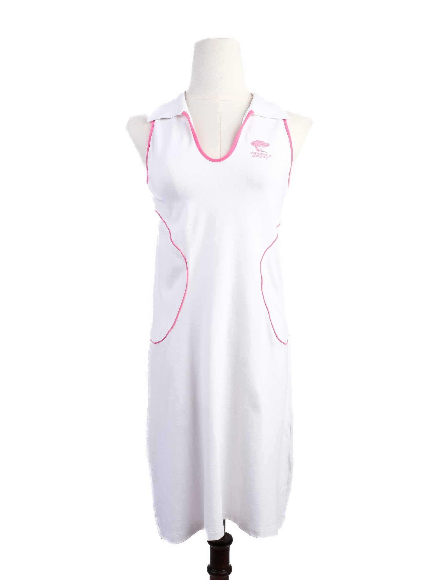 NEW Versace White Sleeveless Dress L Cotton with Pink Accents