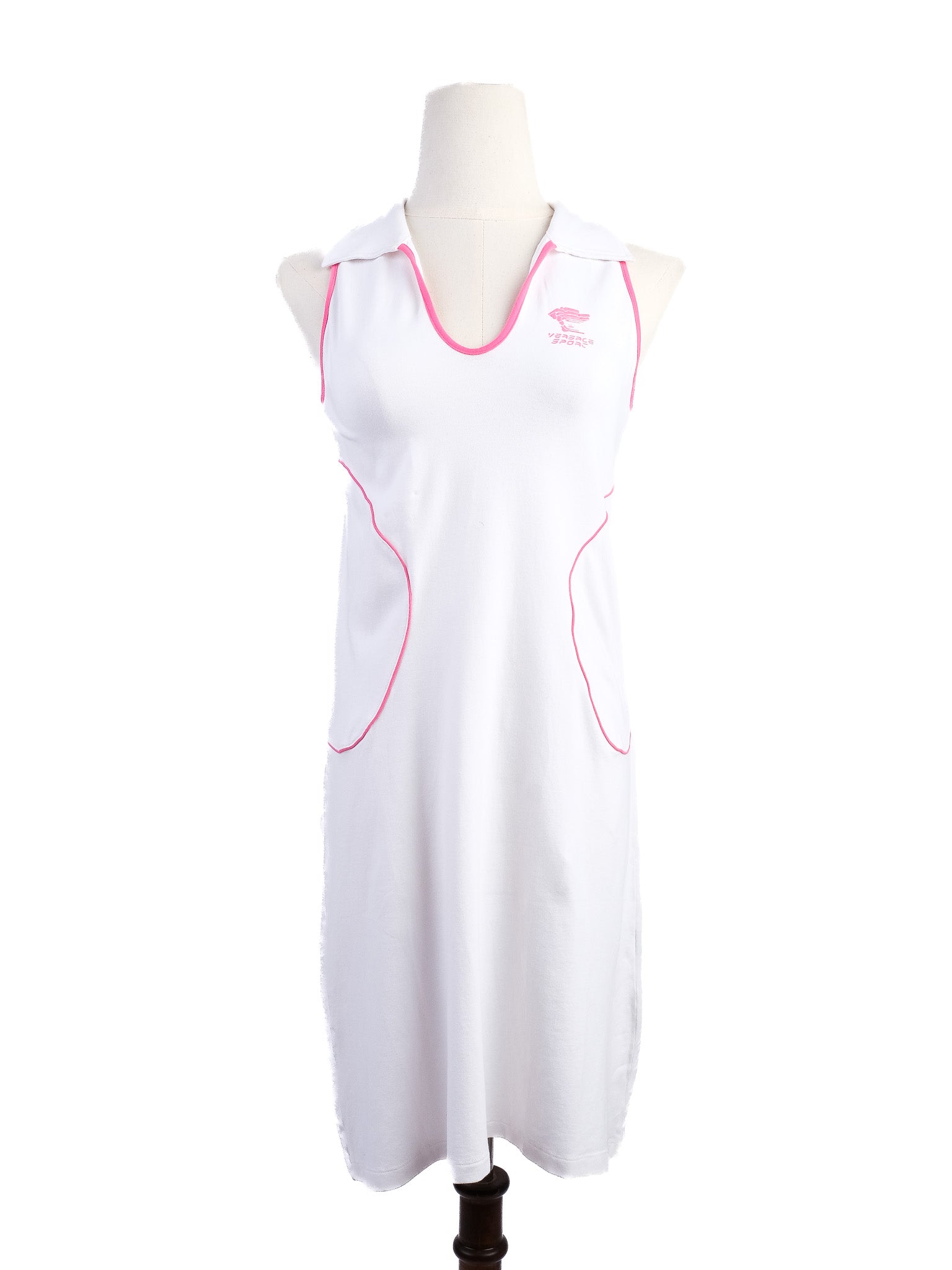 NEW Versace White Sleeveless Dress L Cotton with Pink Accents