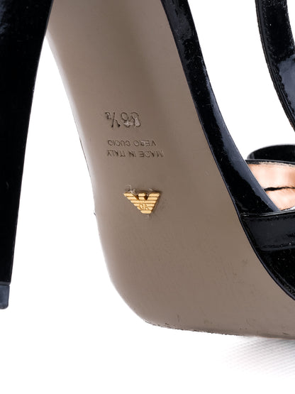 Excellent Emporio Armani Black Leather High-Heeled Sandals Size 38.5