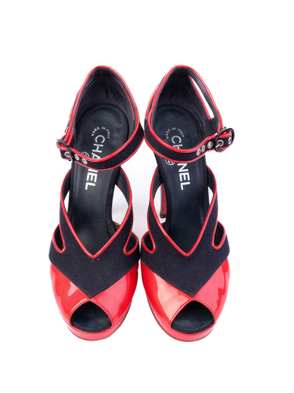 Excellent Chanel High-Heeled Shoes Red &amp; Black Size 37.5