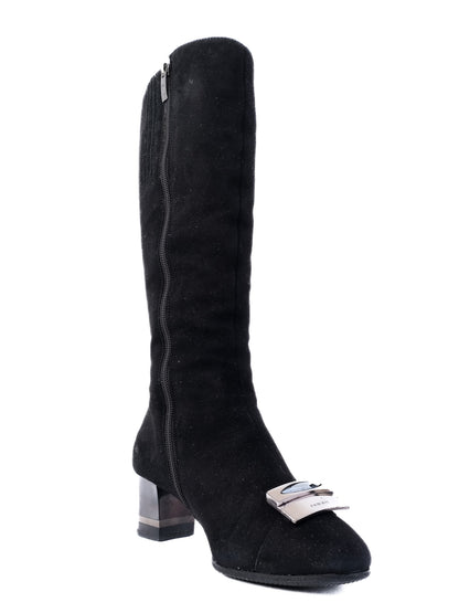 Giovanni Fabiani Black Leather Knee-High Boots Size 36 with Block Heel