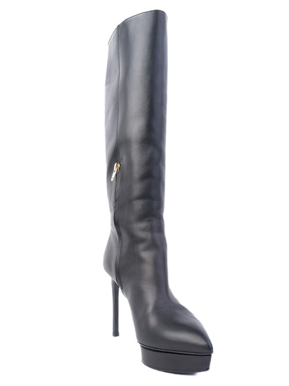 Excellent Saint Laurent Black Leather High-Heeled Boots Size 38