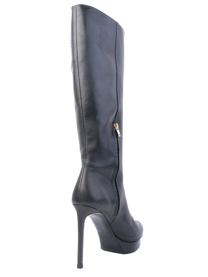 Excellent Saint Laurent Black Leather High-Heeled Boots Size 38
