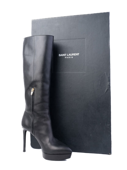 Excellent Saint Laurent Black Leather High-Heeled Boots Size 38
