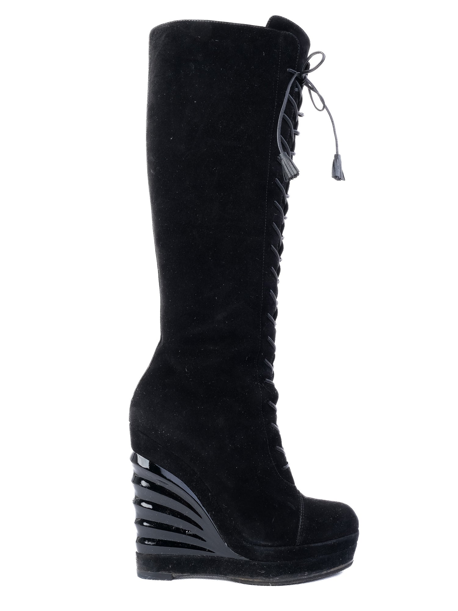 Good Yves Saint Laurent Black Genuine Suede Lace-Up Wedge Boots Size 37.5
