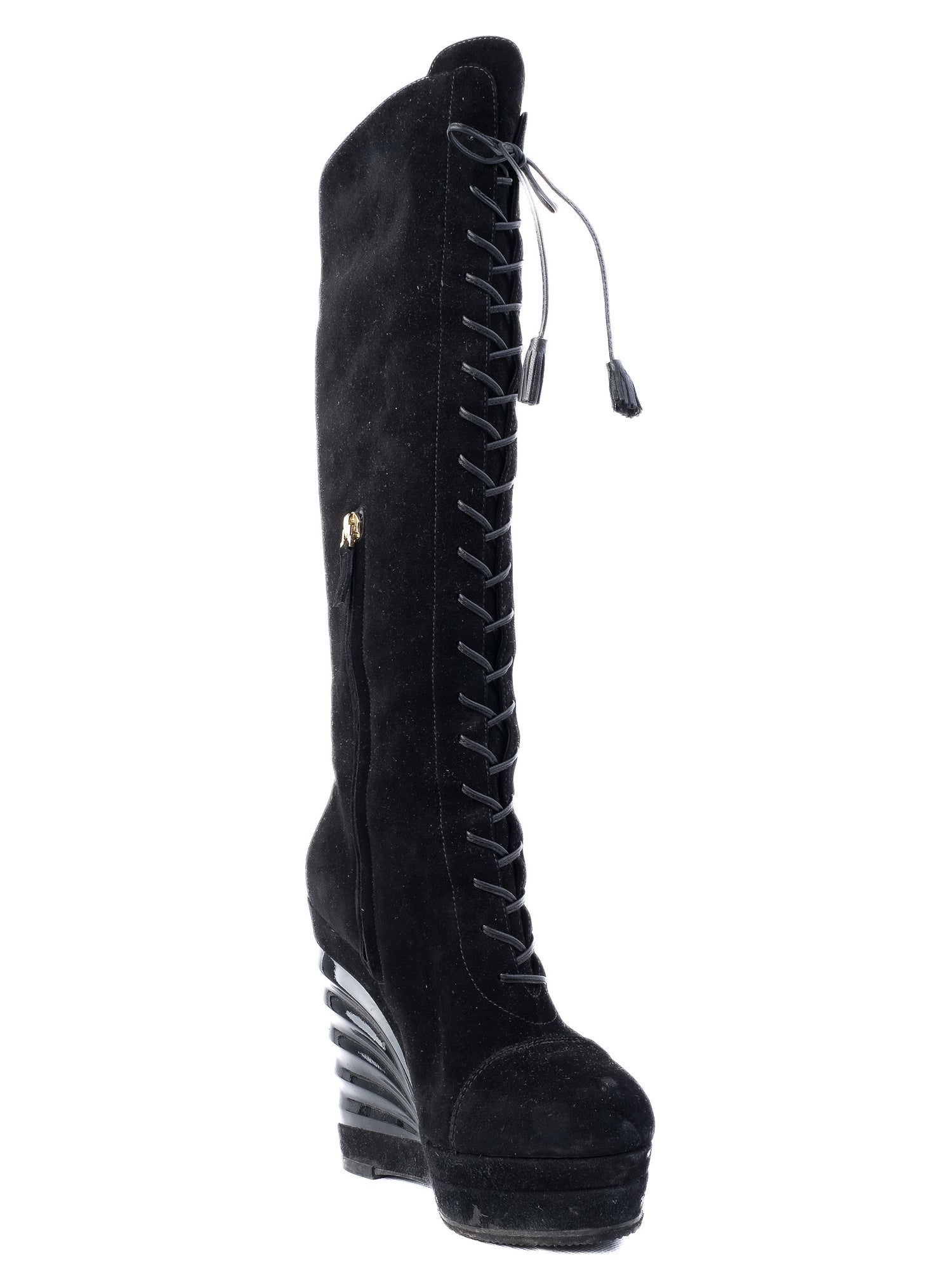 Good Yves Saint Laurent Black Genuine Suede Lace-Up Wedge Boots Size 37.5