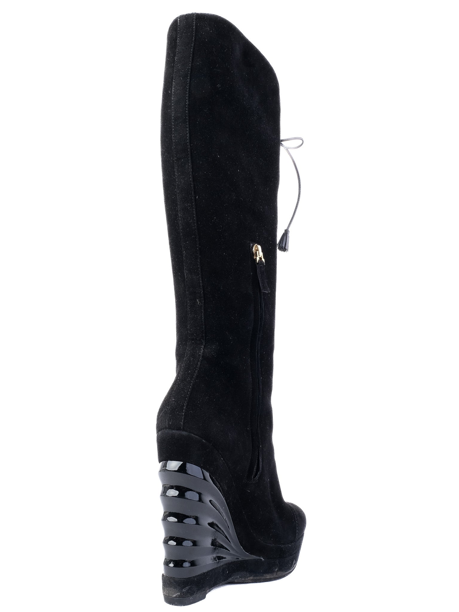 Good Yves Saint Laurent Black Genuine Suede Lace-Up Wedge Boots Size 37.5