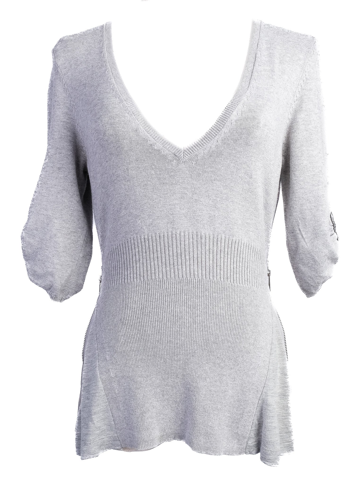 Karen Millen Gray Knit Sweater XS V-Neck Half Sleeve Excellent