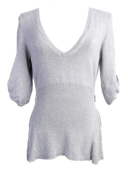 Karen Millen Gray Knit Sweater XS V-Neck Half Sleeve Excellent