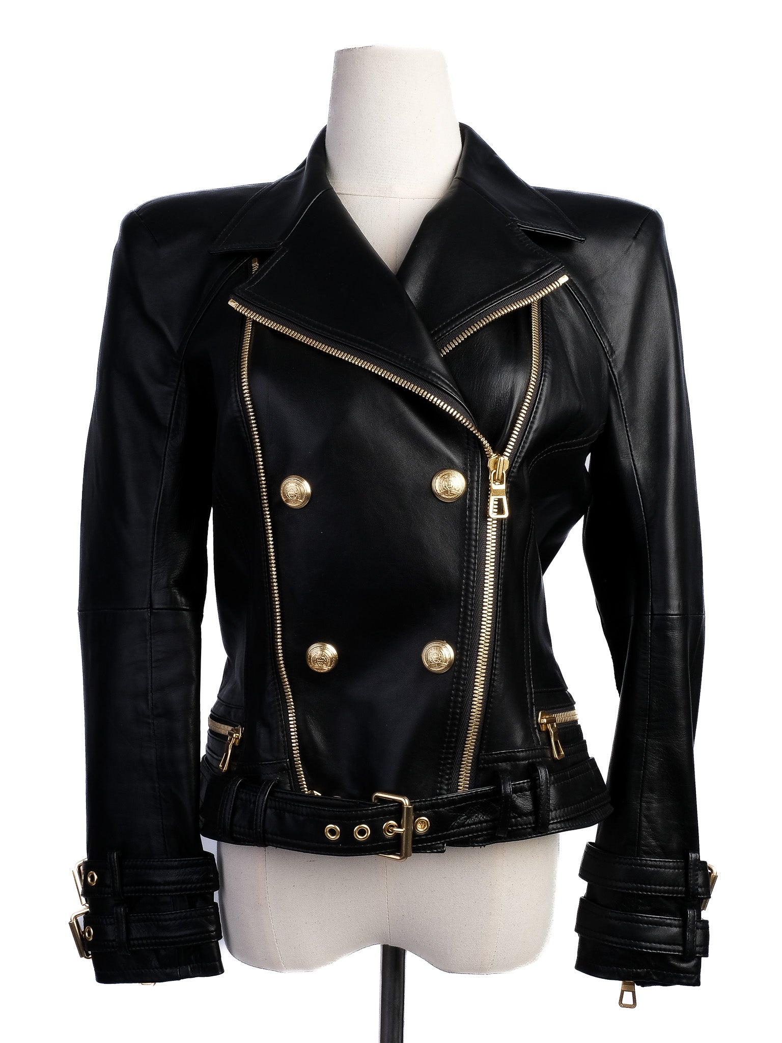 Excellent H&amp;M &amp; Balmain Black Leather Jacket with Gold Accents