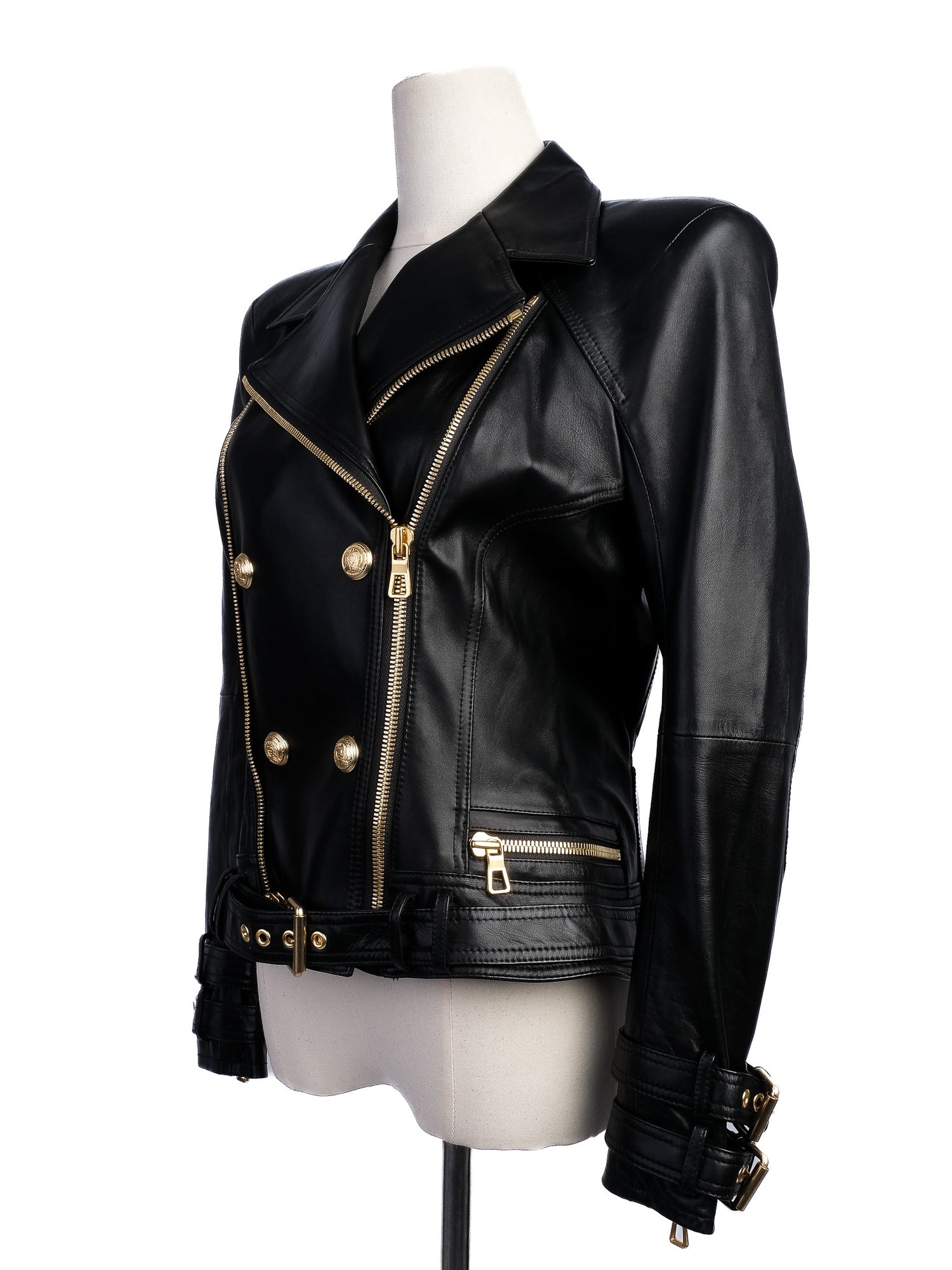Excellent H&amp;M &amp; Balmain Black Leather Jacket with Gold Accents