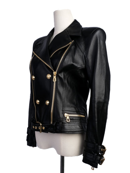 Excellent H&amp;M &amp; Balmain Black Leather Jacket with Gold Accents