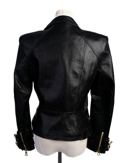 Excellent H&amp;M &amp; Balmain Black Leather Jacket with Gold Accents