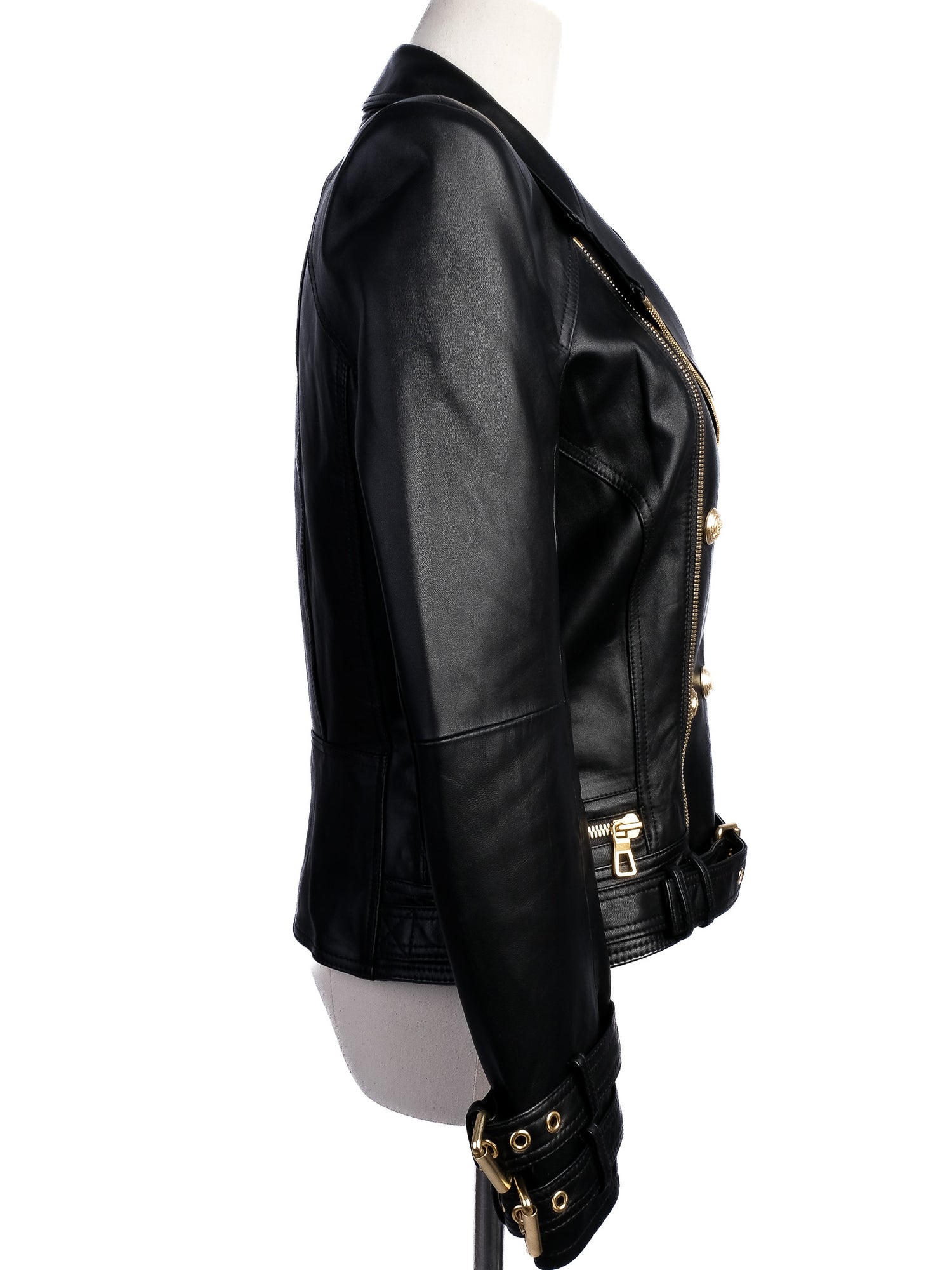 Excellent H&amp;M &amp; Balmain Black Leather Jacket with Gold Accents