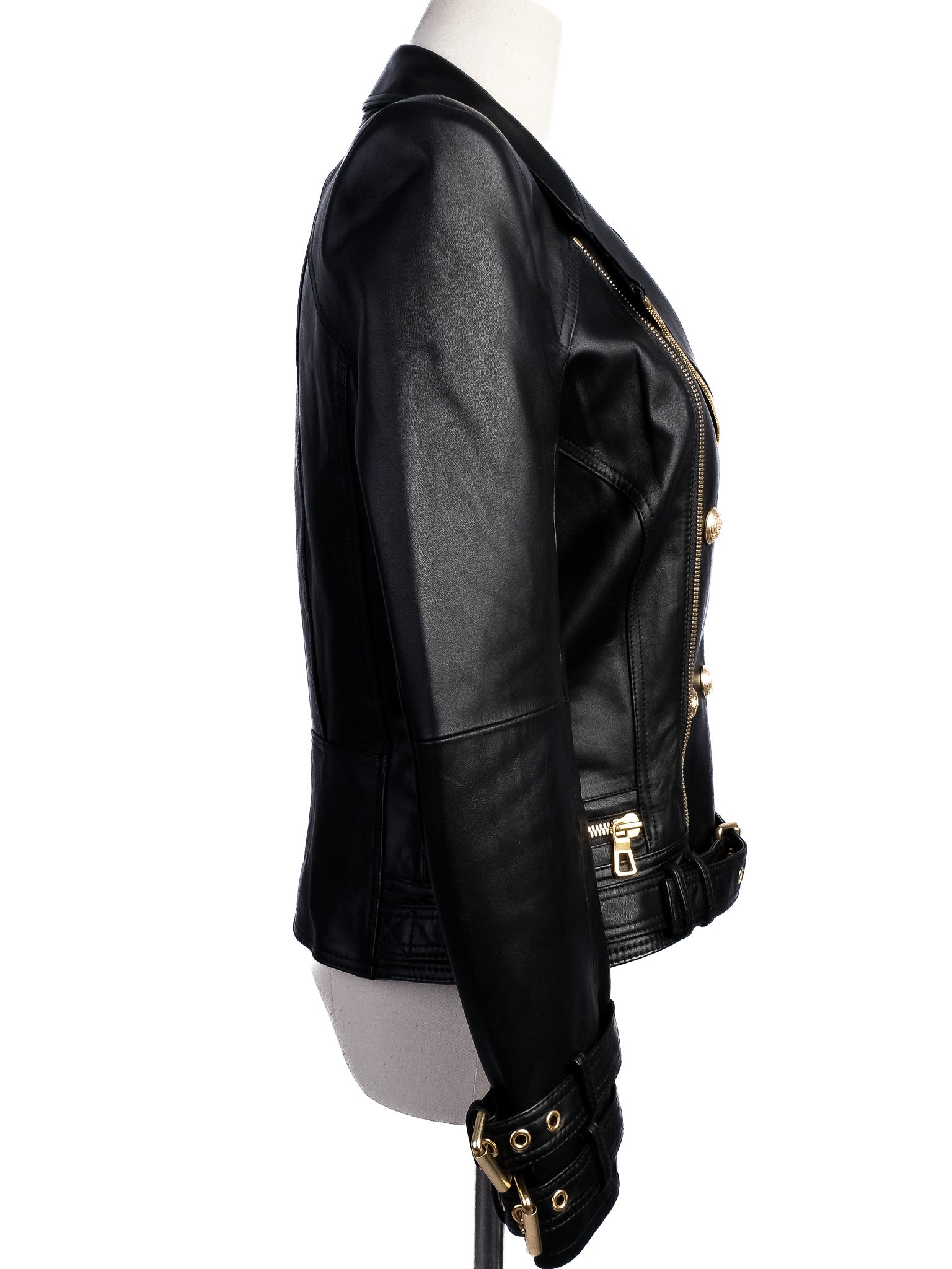 Excellent H&amp;M &amp; Balmain Black Leather Jacket with Gold Accents