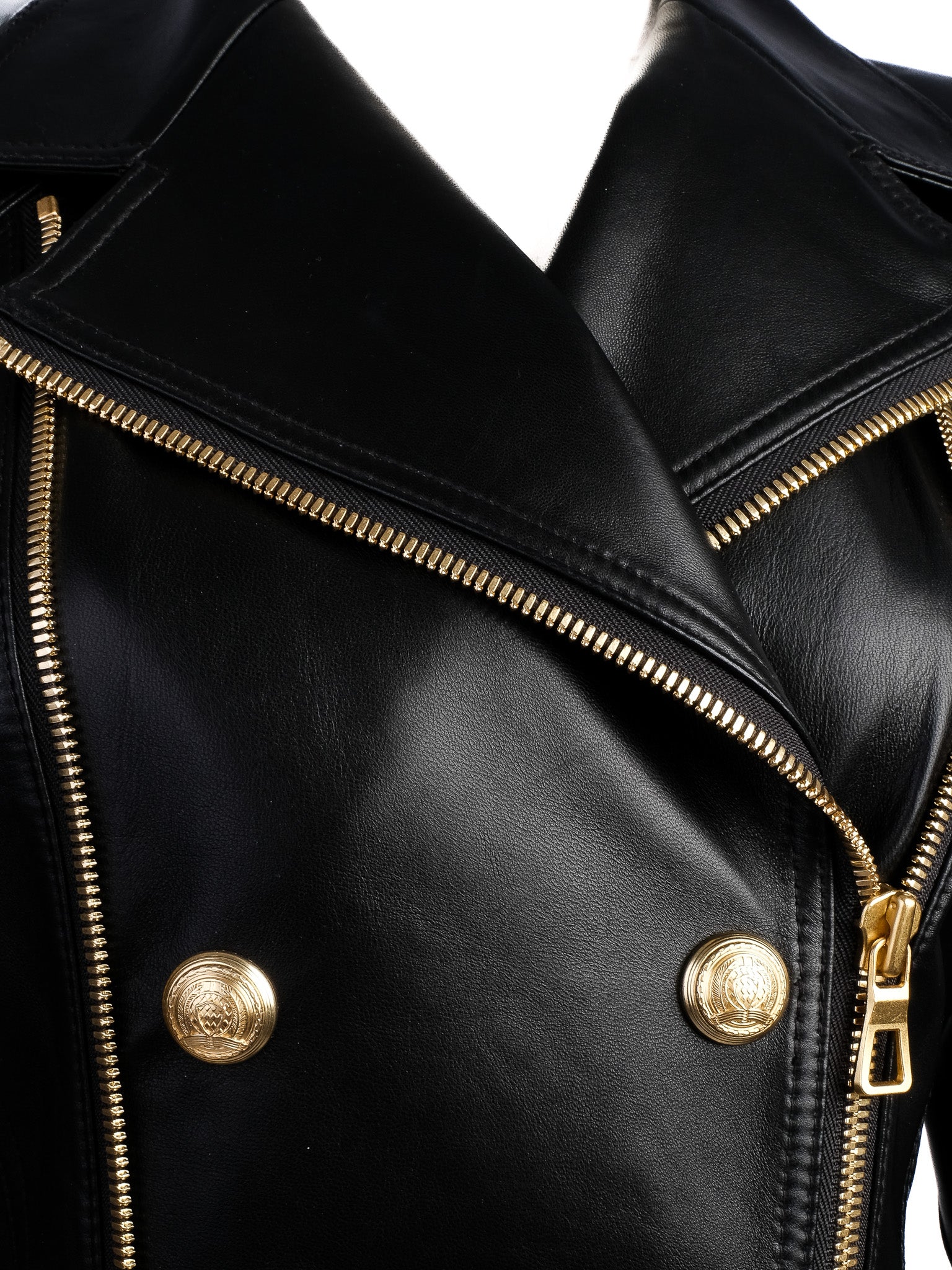 Excellent H&amp;M &amp; Balmain Black Leather Jacket with Gold Accents