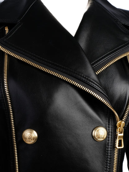Excellent H&amp;M &amp; Balmain Black Leather Jacket with Gold Accents