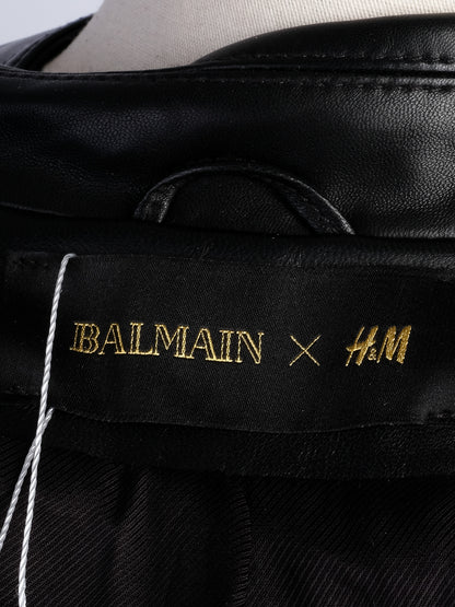 Excellent H&amp;M &amp; Balmain Black Leather Jacket with Gold Accents