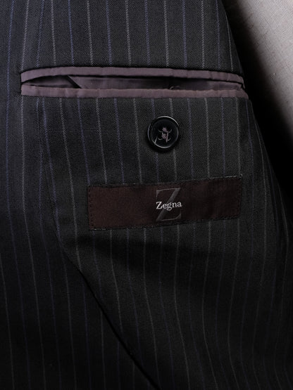 Excellent Ermenegildo Zegna Black Wool Pinstripe Suit Size XL