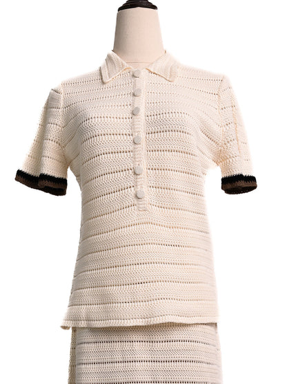 Fendi White Cotton Knitted Top Size M with Black Trim