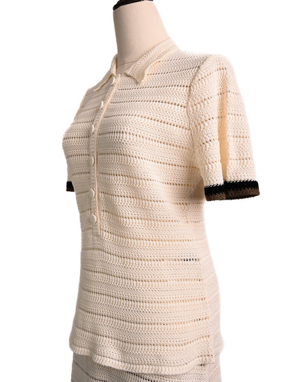 Fendi White Cotton Knitted Top Size M with Black Trim