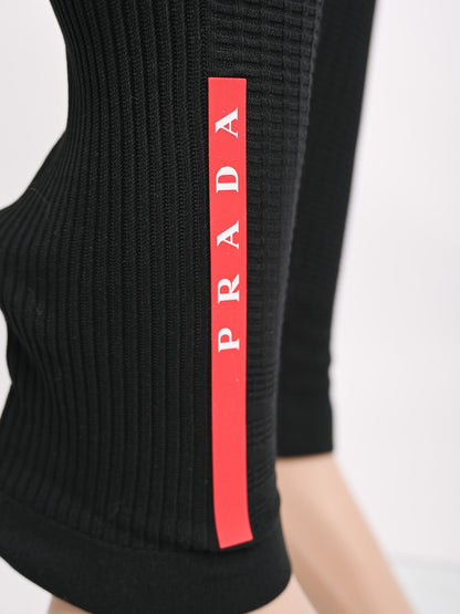 NEW Prada Black Stretch Leggings M with Red Detail and Stripe