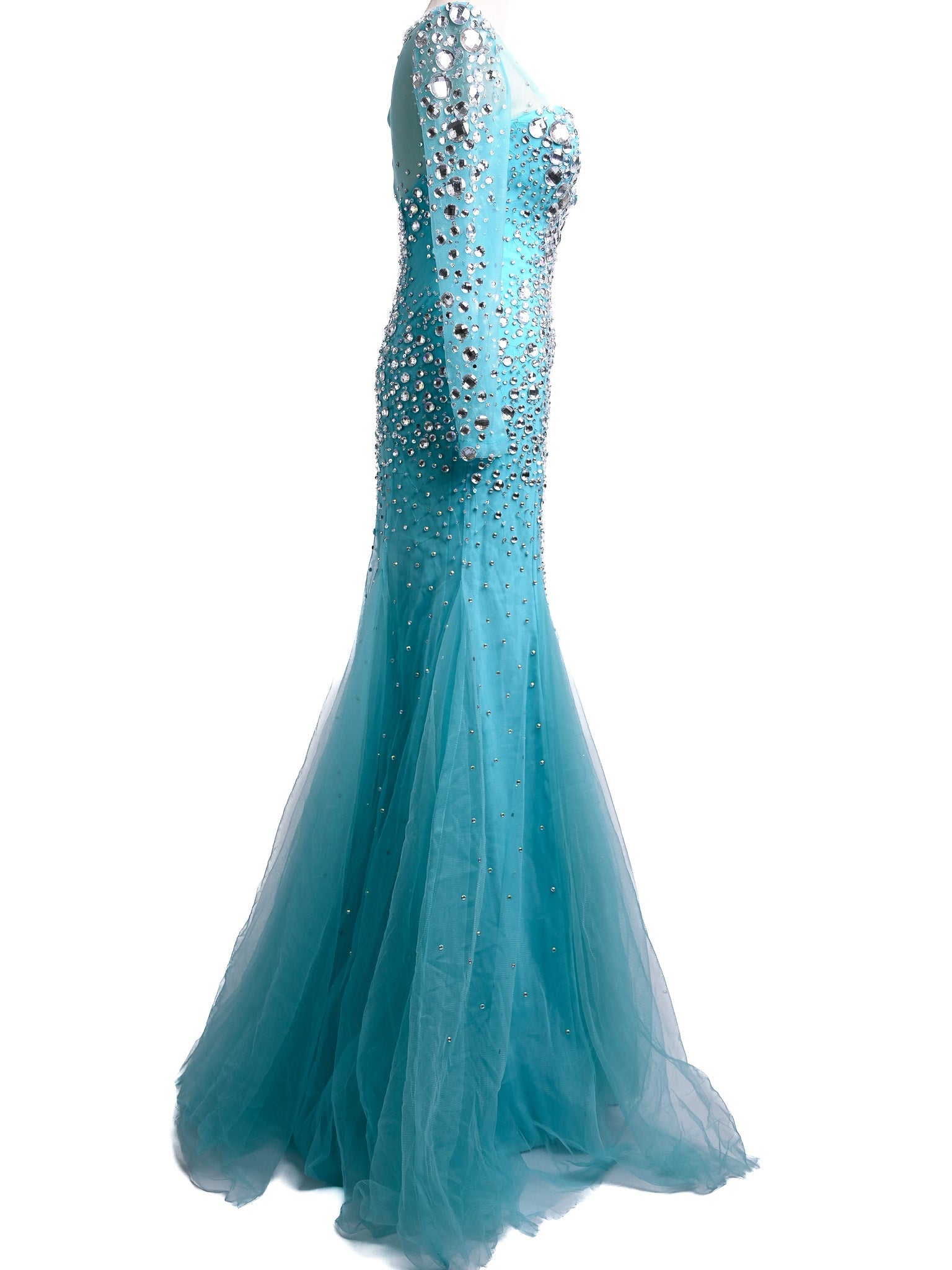 Excellent Sherri Hill Blue Silk Gown with Long Sleeves