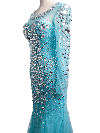 Excellent Sherri Hill Blue Silk Gown with Long Sleeves