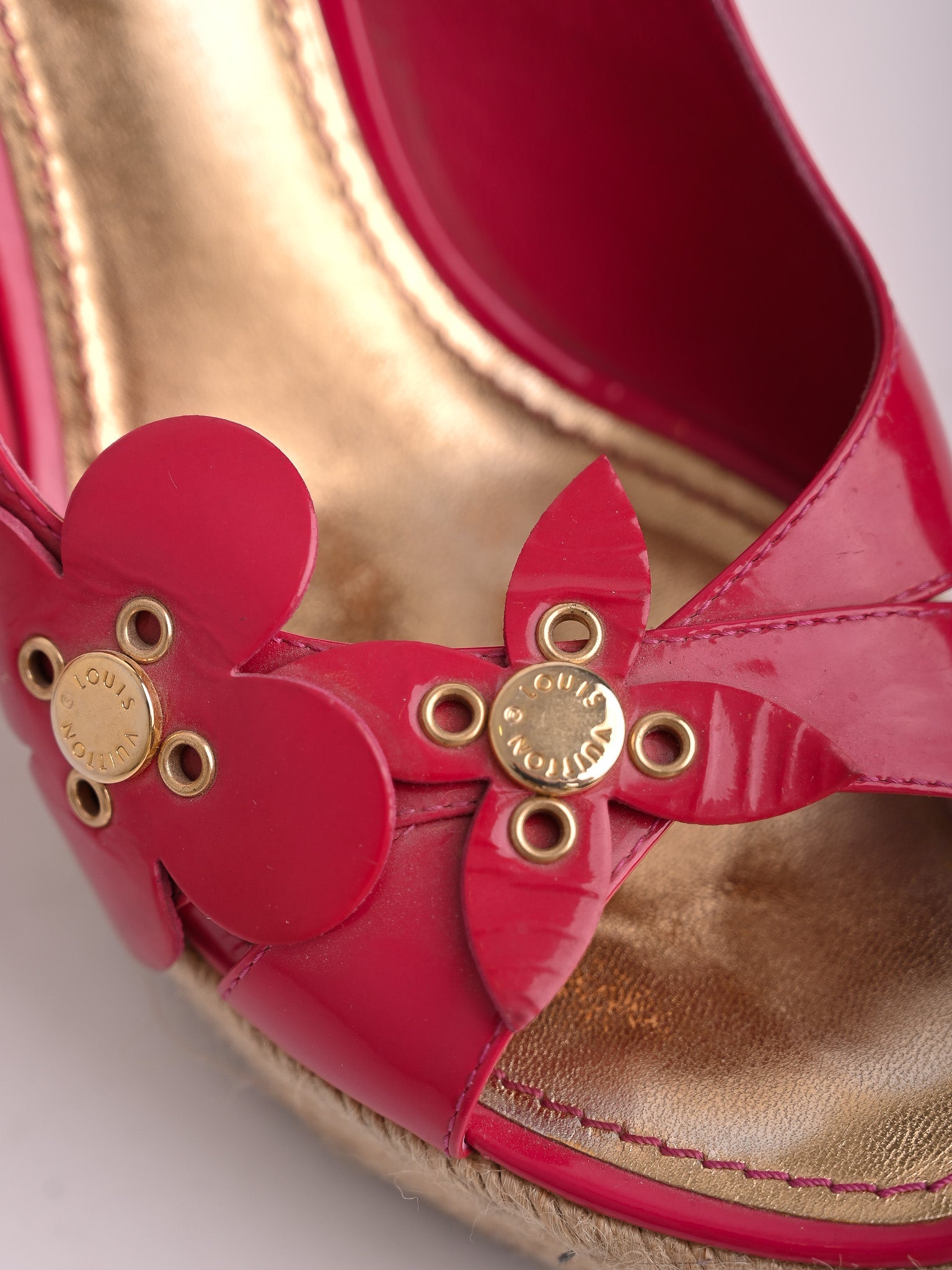 Good Louis Vuitton Pink Lacquer Wedge Sandals Size 37.5