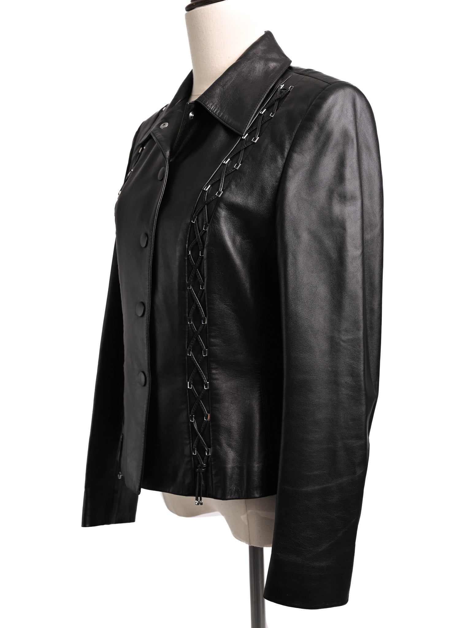 Good Escada Black Leather Jacket Size M with Lacing Details