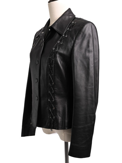 Good Escada Black Leather Jacket Size M with Lacing Details