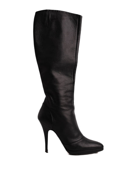 Good Giuseppe Zanotti Black Leather Knee-High Heeled Boots Size 38