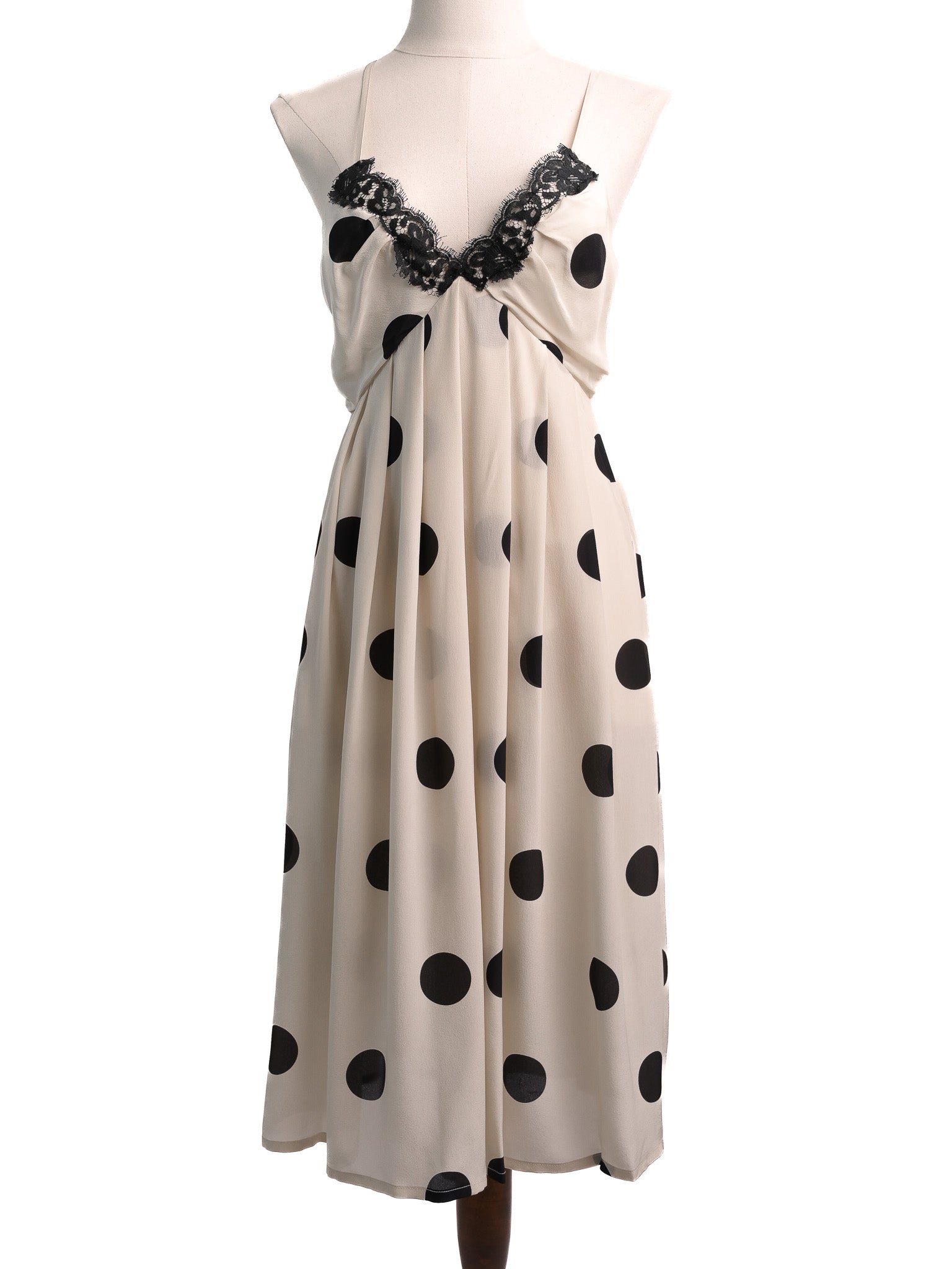 NEW Clips White Polka Dot Silk Dress with Black Lace Size M