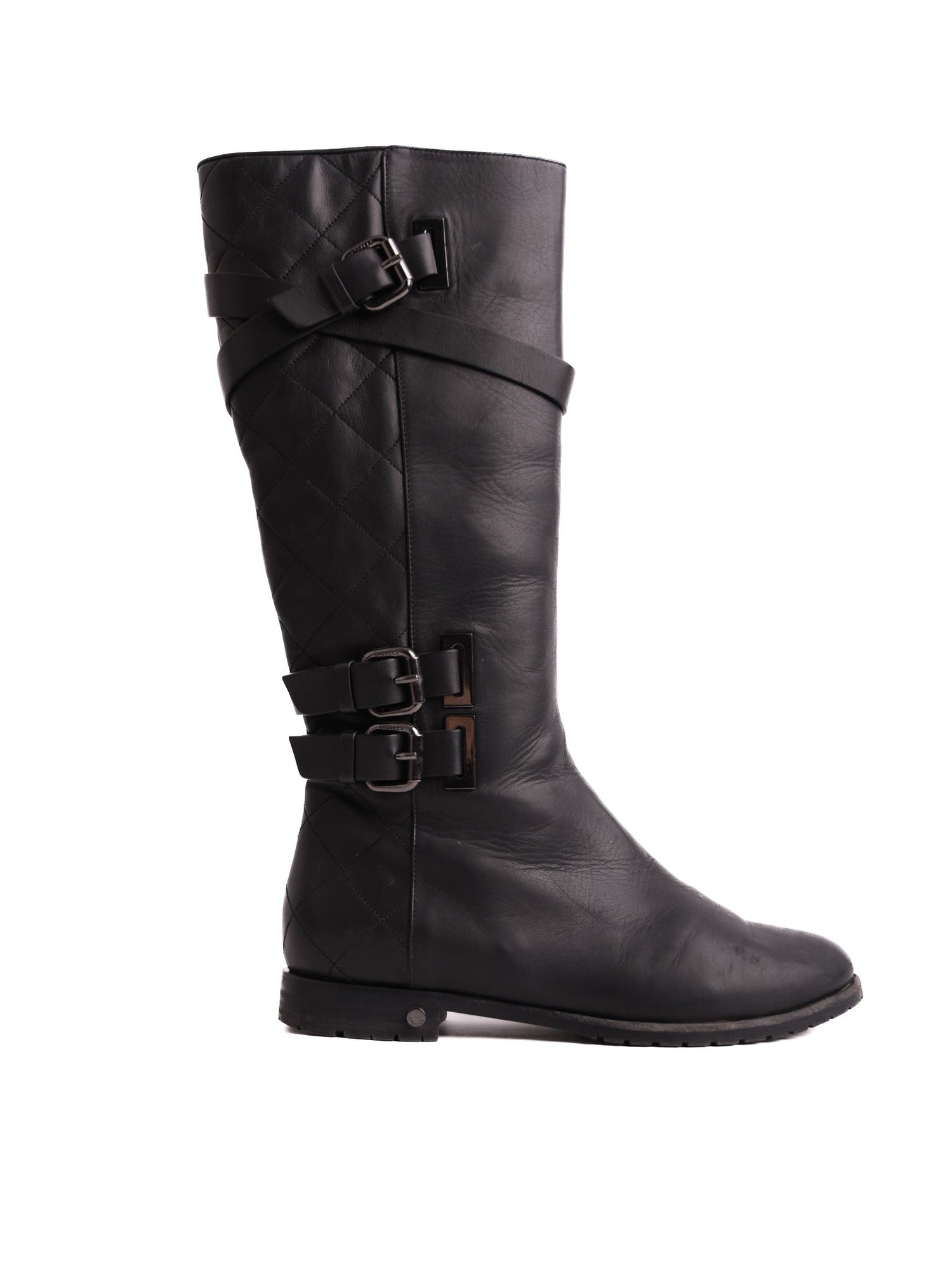 Excellent Lesilla Black Leather Knee-High Boots Size 38 with Buckles