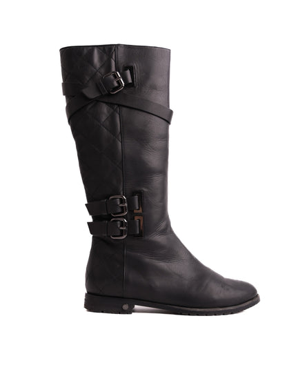 Excellent Lesilla Black Leather Knee-High Boots Size 38 with Buckles