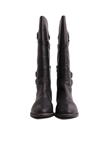 Excellent Lesilla Black Leather Knee-High Boots Size 38 with Buckles